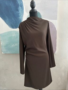 Zara Dark Brown Draped Long-Sleeve Dress